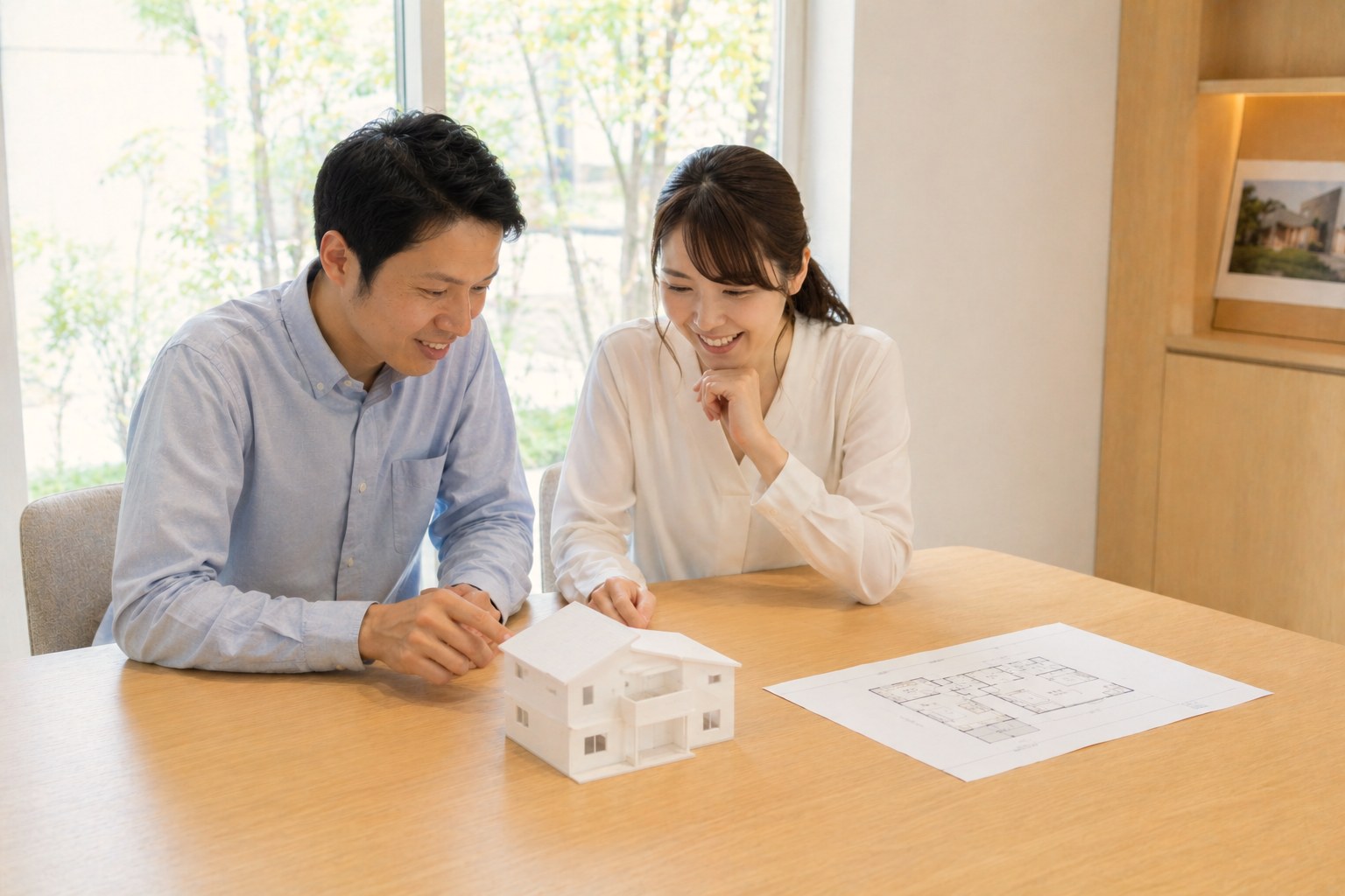 3Dプリント住宅模型を囲んで打ち合わせをするご夫婦