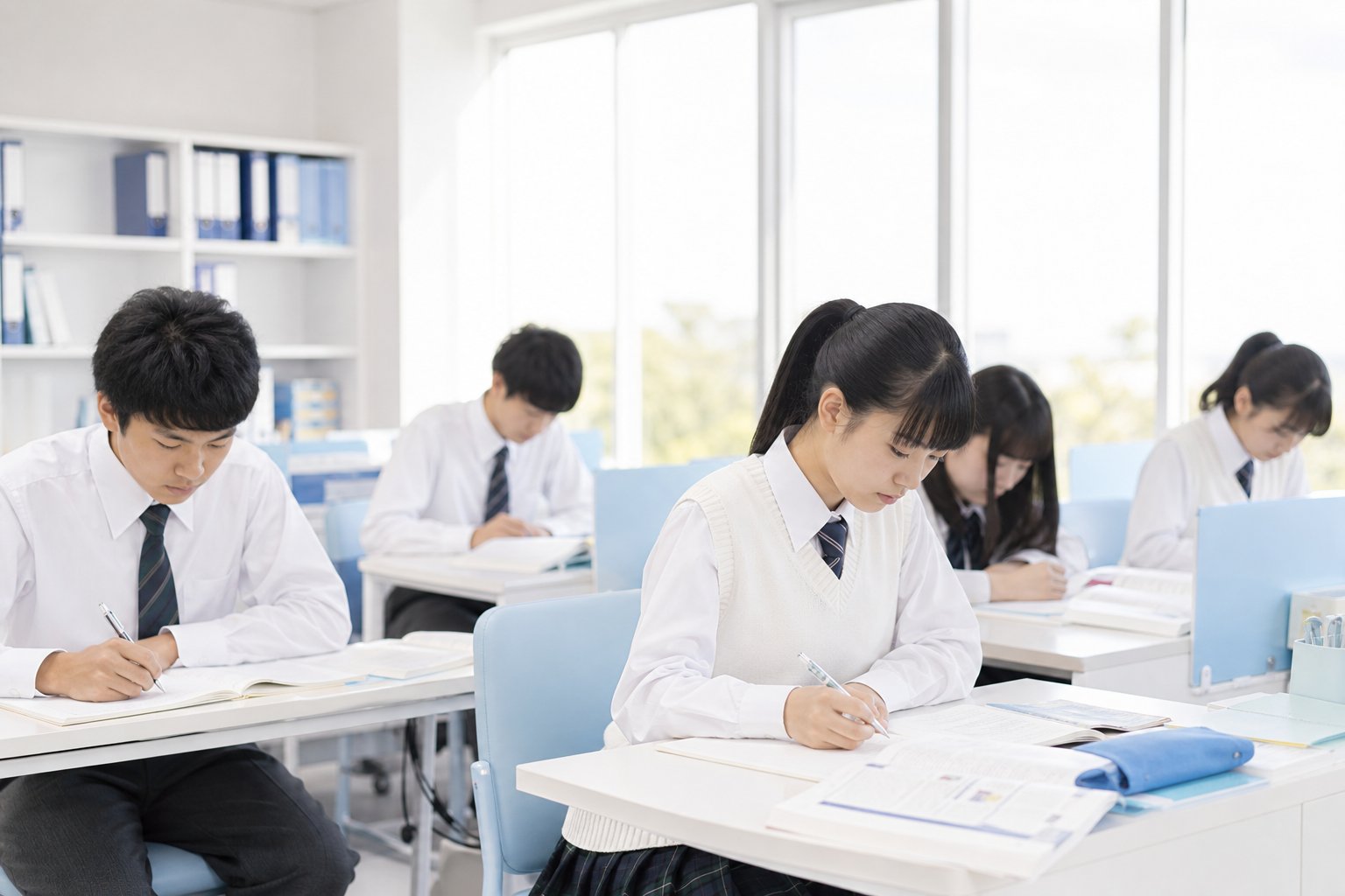 自習室で集中して勉強する高校生たち