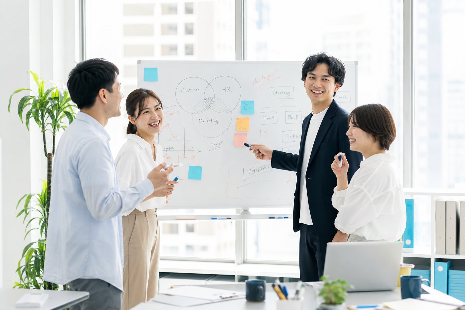 ホワイトボードを囲んで楽しそうに議論するチーム